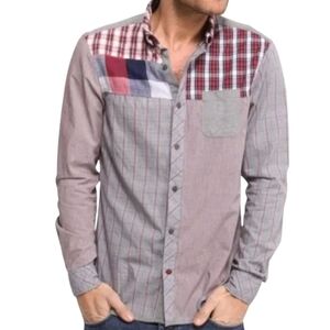 Desigual Men's Large Plaid Patchwork Mixed Media Button Down Casual Shirt
